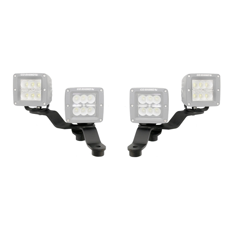 Go Rhino Windshield Cowl: pair of black cowl light mount brackets on white, each shown holding two ghosted square LED pod lights (shown with LED cube pod lights (ghosted), not included)