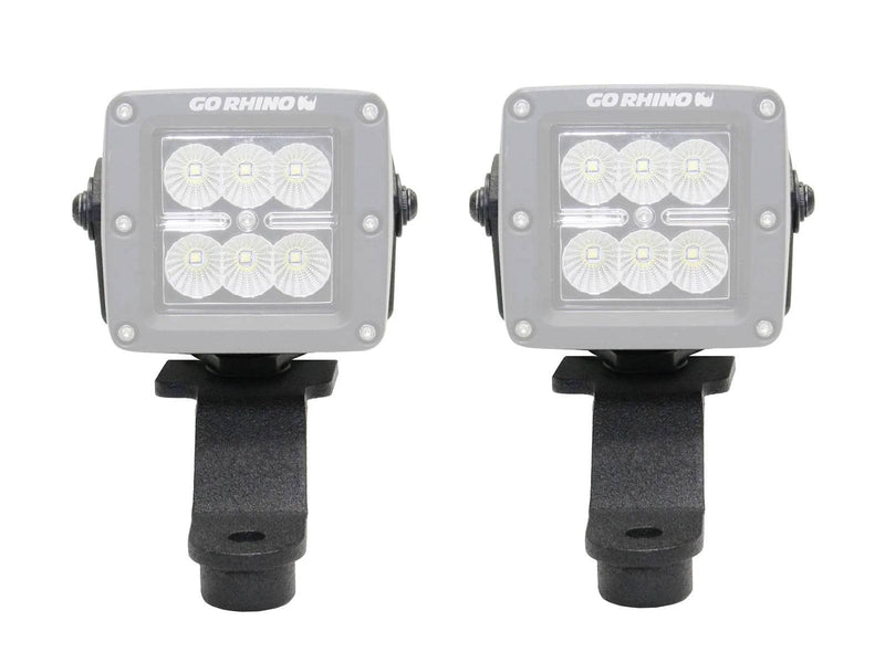 Go Rhino Windshield Cowl: pair of black light mount brackets with faded cube LED lights on white (shown with LED cube lights shown ghosted, not included)