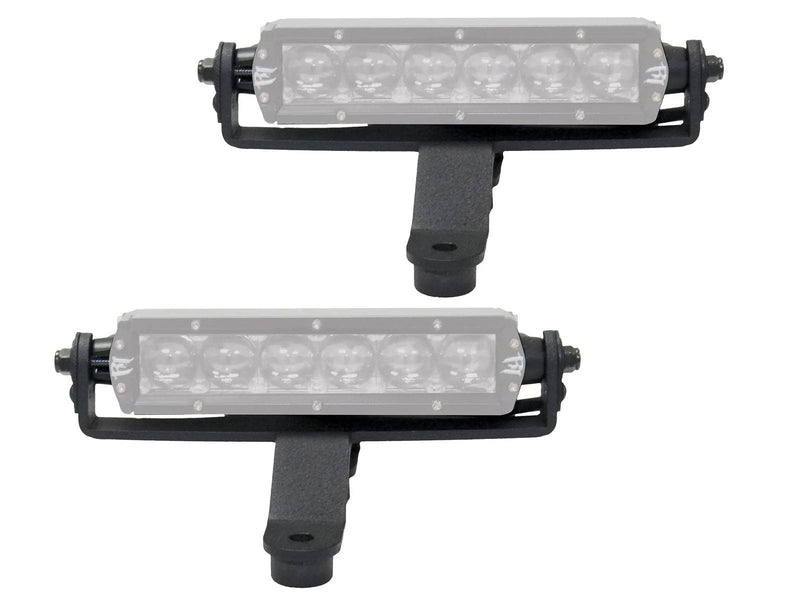 Go Rhino Windshield Cowl: pair of black light mount brackets with faded short LED light bars on white (shown with LED light bars shown ghosted, not included)