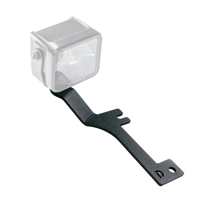 Go Rhino XE: single black light mount bracket on white shown holding a ghosted square LED pod light (shown with LED cube pod light (ghosted), not included)
