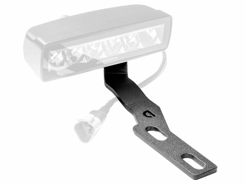 Go Rhino XE: textured black ditch light mount bracket with a faded LED light on white (shown with LED light shown ghosted, not included)