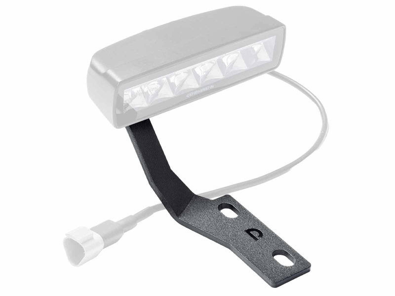 Go Rhino XE: textured black ditch light mount bracket with a faded LED light on white (shown with LED light shown ghosted, not included)