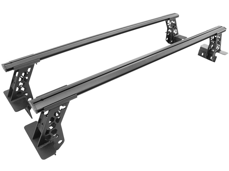Go Rhino XRS: pair of black cross bars on hex-cut towers, angled view (representative image of the series; the kit for this listing is made for the vehicles shown in the fitment table)