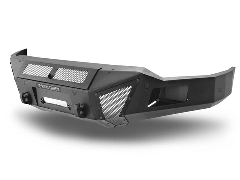 Textured black winch-ready front bumper with mesh inserts, three-quarter studio view
