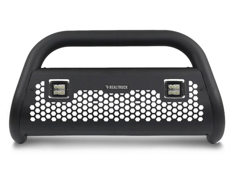 Textured black bull bar with two square LED cube lights in a hex-perforated plate, front view on white