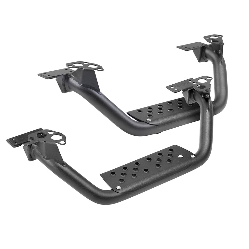 Pair of textured black D6 drop steps with perforated step pads and mounting plates, studio view
