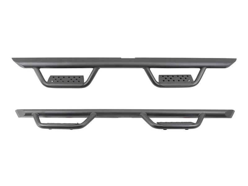 Pair of textured black Dominator Xtreme D2 side steps with two drop steps each, studio side view