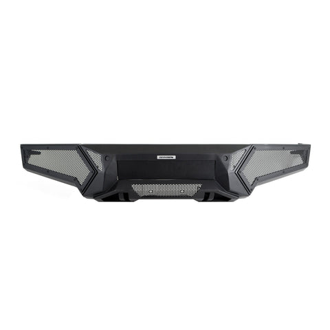 Textured black front bumper with hex mesh wings, closed center panel and mesh skid, front view on white