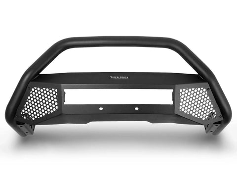 Textured black bull bar with hoop, open center light opening and hex mesh skid plate, front view on white