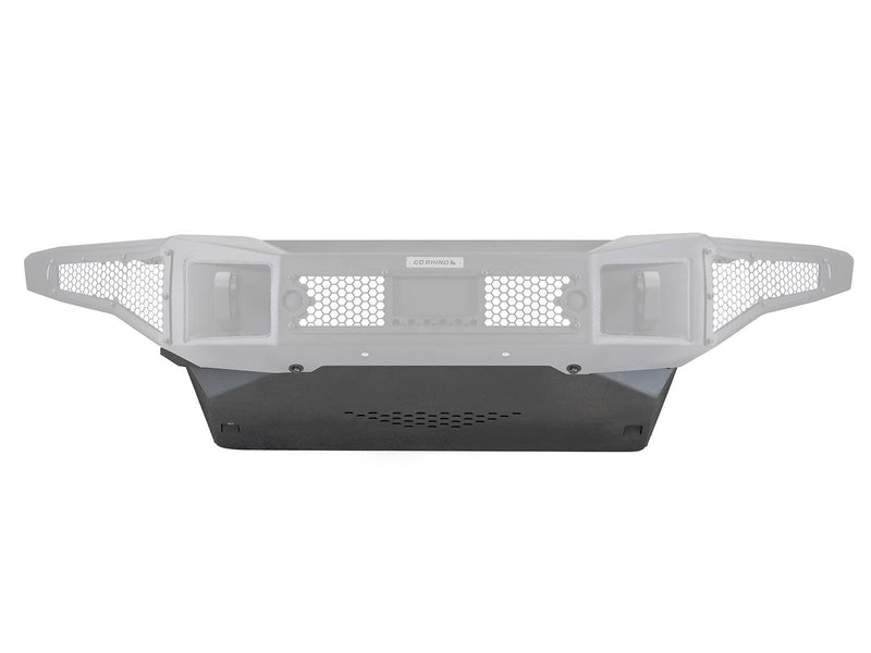 Textured black lower skid plate shown under a faded outline of the bumper it bolts to