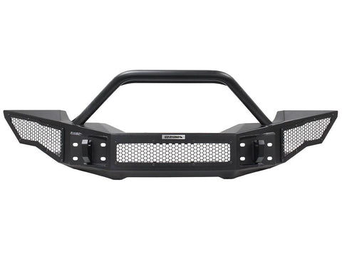 Textured black full-width front bumper with overrider hoop and hex mesh wings, front view on white
