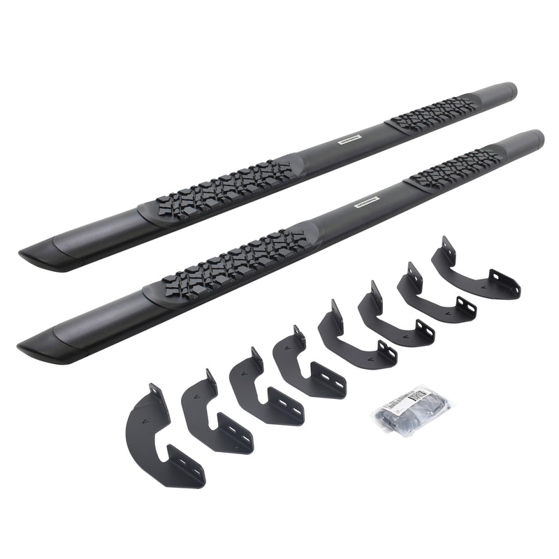 Pair of textured black V3 side steps with tire-tread pads, curved mounting brackets and hardware