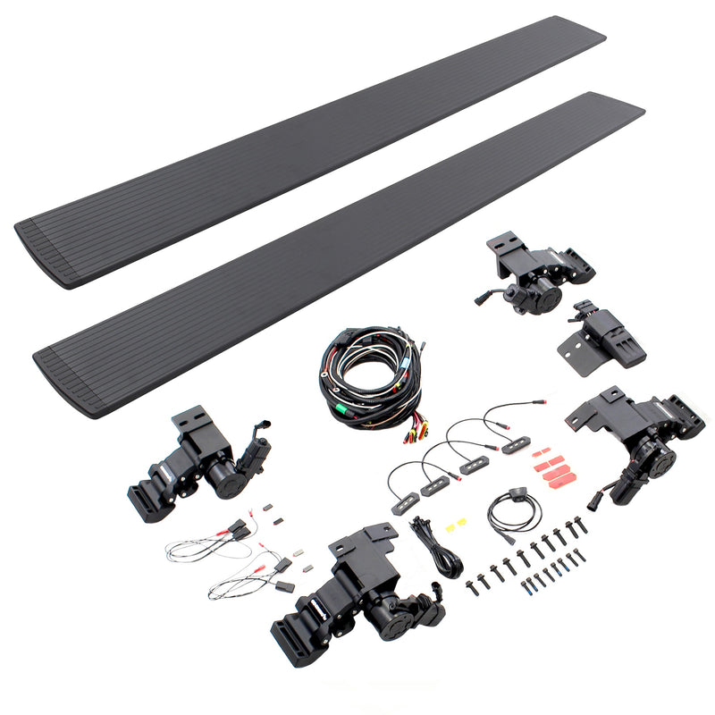 Textured black VoltStep power running board kit: two ribbed boards, motor arms, wiring harness and hardware