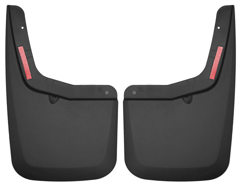 Husky Liners Custom Molded: pair of black molded rear mud guards with red reflectors on a white background