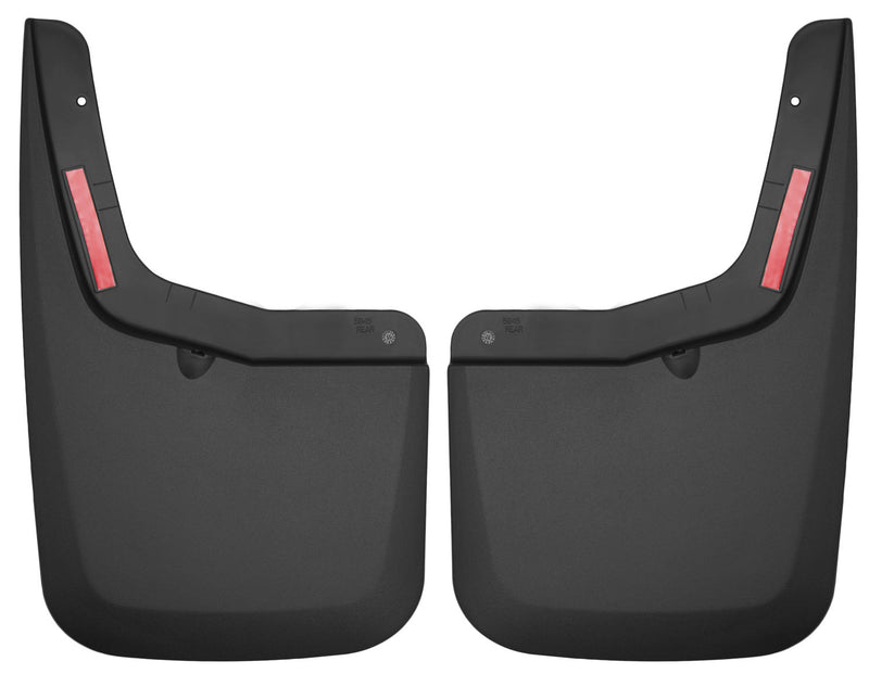 Husky Liners Custom Molded: pair of black molded rear mud guards with red reflectors on a white background
