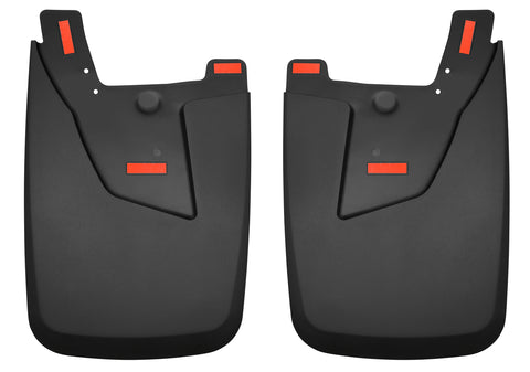 Husky Liners Custom Molded: pair of black molded rear mud guards with red reflectors on a white background