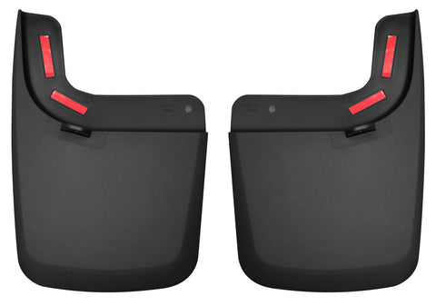 Husky Liners Custom Molded: pair of black molded rear mud guards with red reflectors on a white background