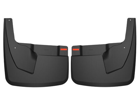 Husky Liners Custom Molded: pair of black molded rear mud guards with red reflectors on a white background (representative image; each guard is molded for its own vehicle)