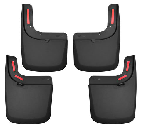 Husky Liners Custom Molded: set of four black molded mud guards with red reflectors, front and rear pairs, on a white background
