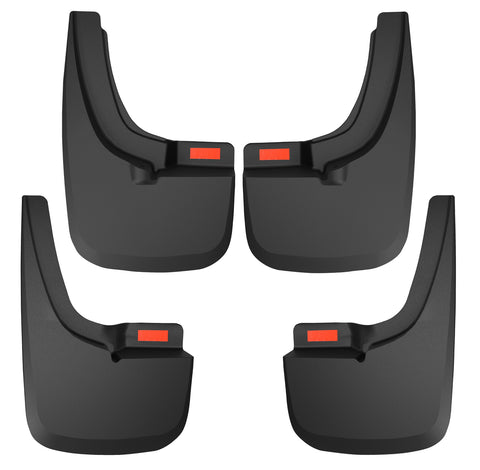 Husky Liners Custom Molded: set of four black molded mud guards with red reflectors, front and rear pairs, on a white background