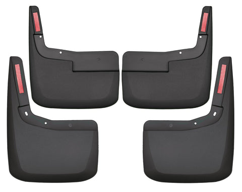 Husky Liners Custom Molded: set of four black molded mud guards with red reflectors, front and rear pairs, on a white background