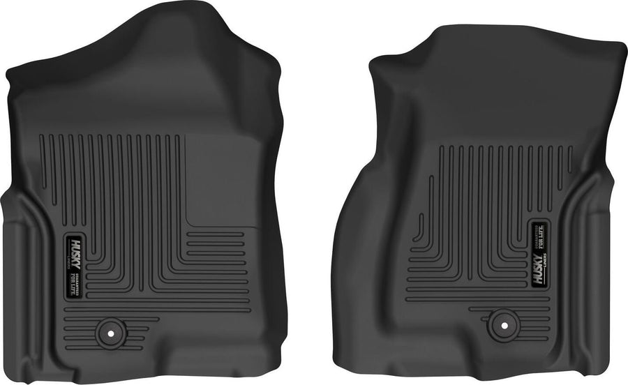 Husky Liners X-act Contour Floor Liners: Black front driver and passenger floor liners with fine-line tread and Husky logo plates, on a white background