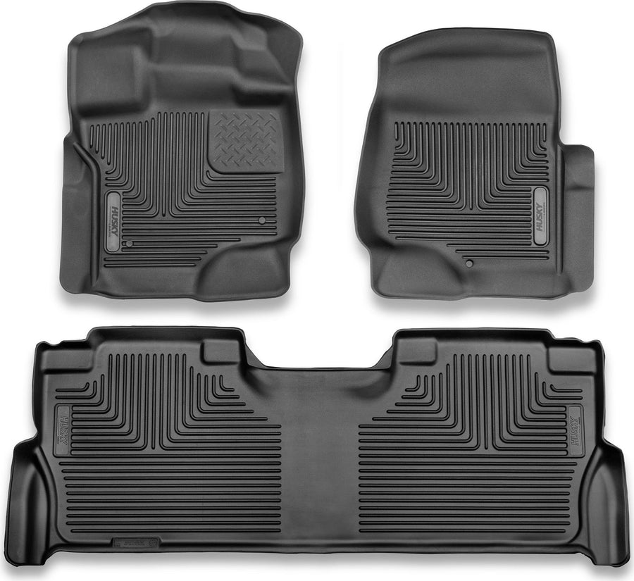 Husky Liners X-act Contour Floor Liners: Three black floor liners on white: two front liners and one full-width rear liner
