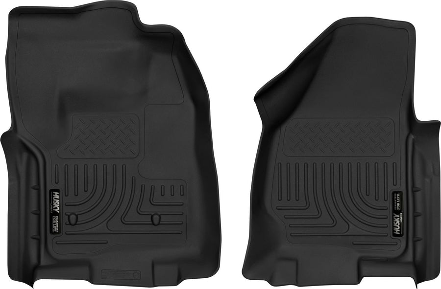 Husky Liners X-act Contour Floor Liners: Two black front floor liners on white with tall rear edges
