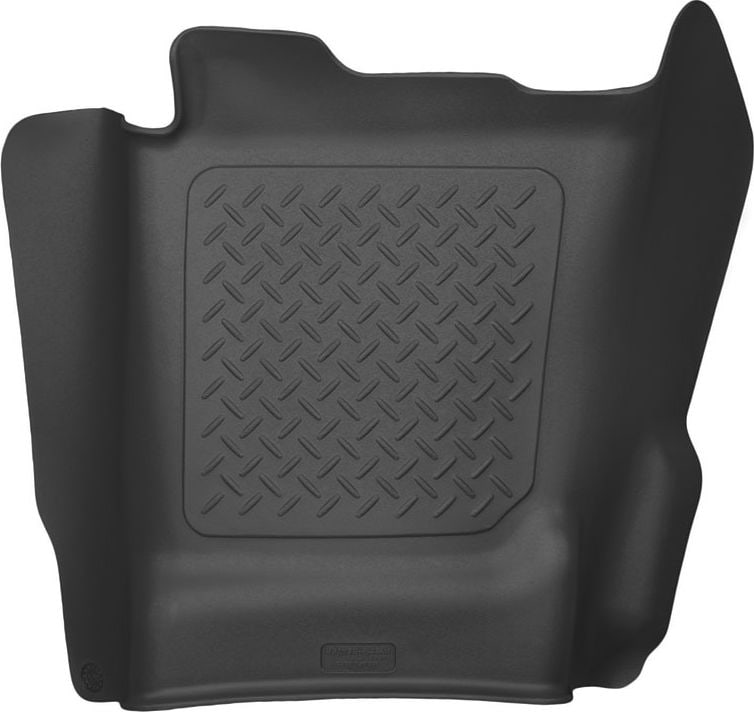 Husky Liners X-act Contour Center Hump Floor Liners: Black molded center hump floor liner with diamond-plate tread, on a white background