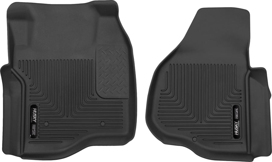 Husky Liners X-act Contour Floor Liners: Black molded front floor liner pair with Husky Liners logo plates on a white background