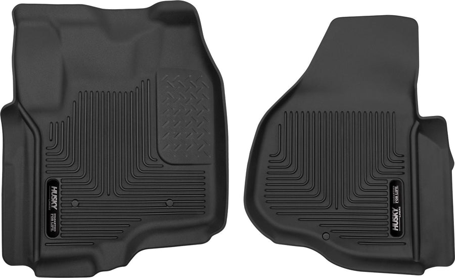 Husky Liners X-act Contour Floor Liners: Black molded front floor liner pair with Husky Liners logo plates on a white background
