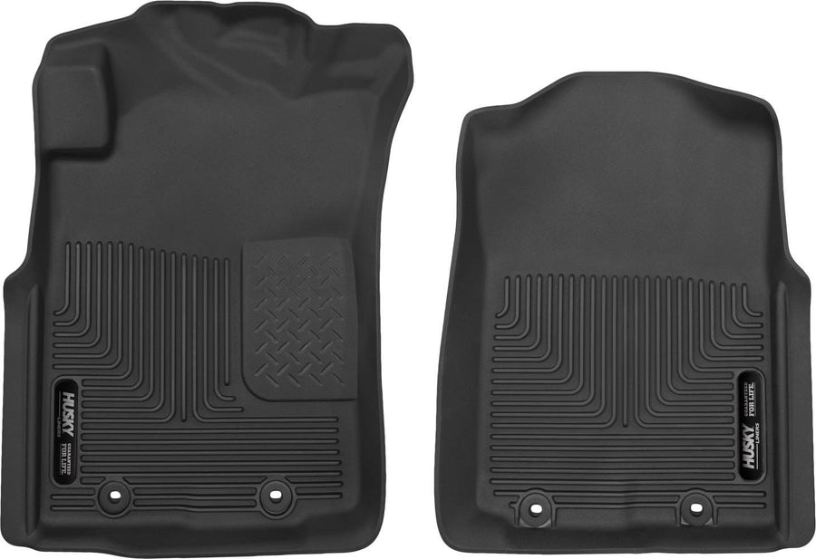 Husky Liners X-act Contour Floor Liners: Black molded front floor liner pair with Husky Liners logo plates on a white background