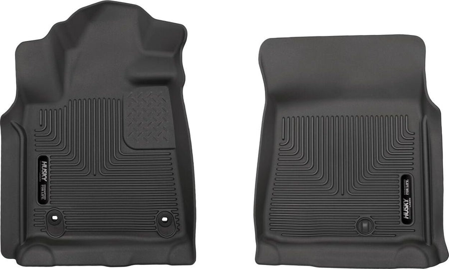 Husky Liners X-act Contour Floor Liners: Black molded front floor liner pair with Husky Liners logo plates on a white background
