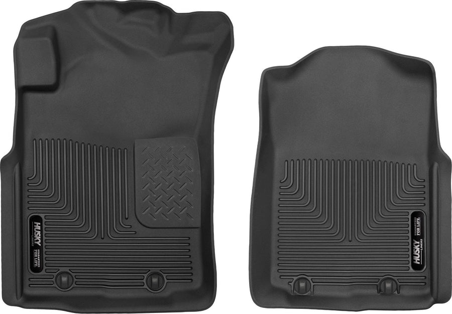 Husky Liners X-act Contour Floor Liners: Black molded front floor liner pair with Husky Liners logo plates on a white background