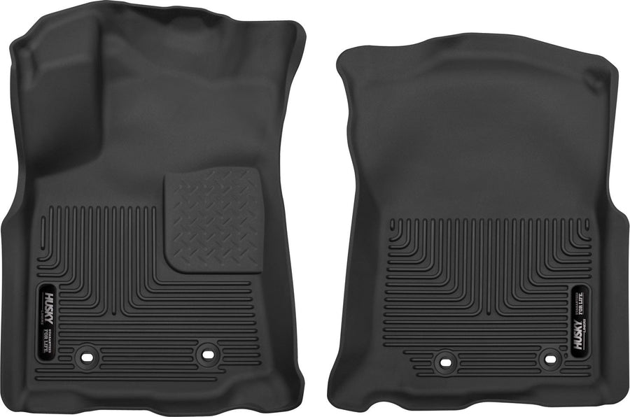 Husky Liners X-act Contour Floor Liners: Black molded front floor liner pair with Husky Liners logo plates on a white background