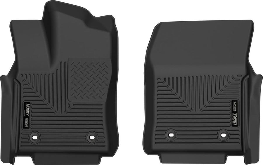 Husky Liners X-act Contour Floor Liners: Black molded front floor liner pair with Husky Liners logo plates on a white background