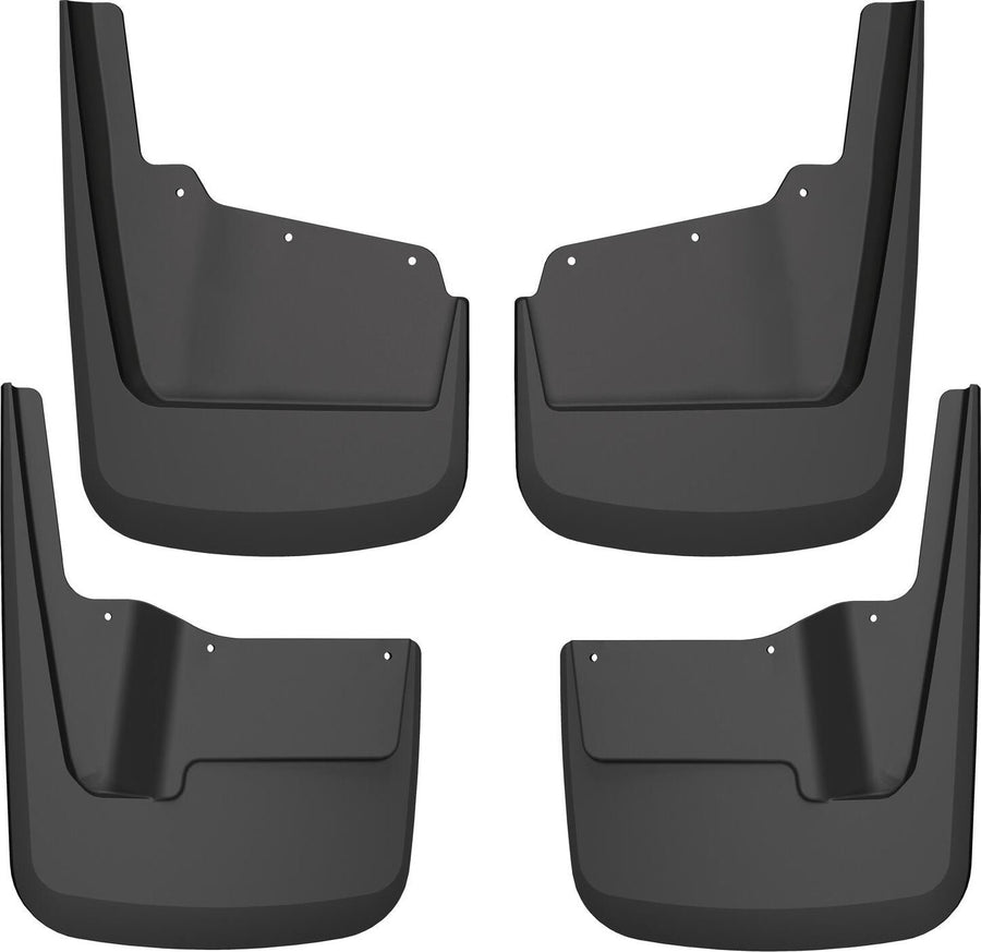 Husky Liners Custom Molded Mud Guards: Set of four black custom-molded mud guards, front and rear pairs, on a white background