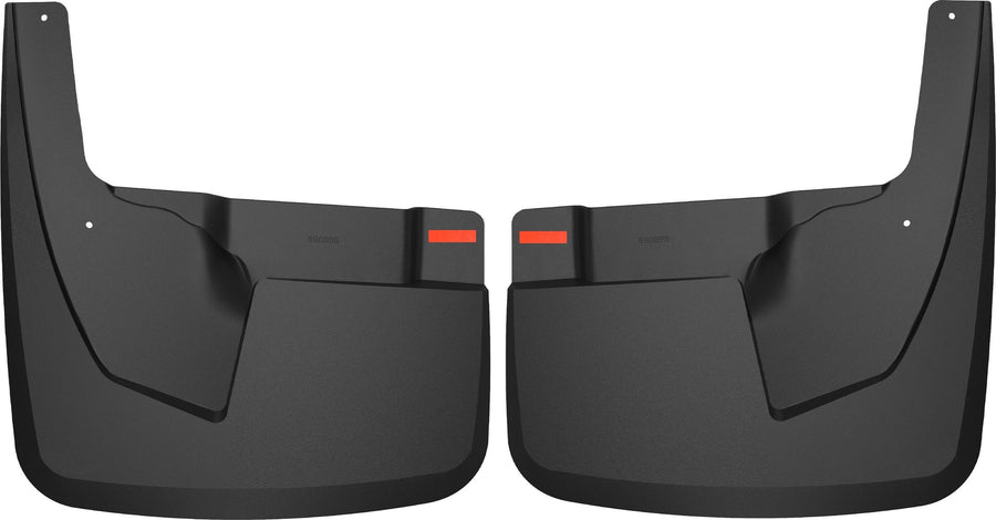 Husky Liners Custom Molded Mud Guards: Pair of black moulded rear mud guards with red reflectors on a white background