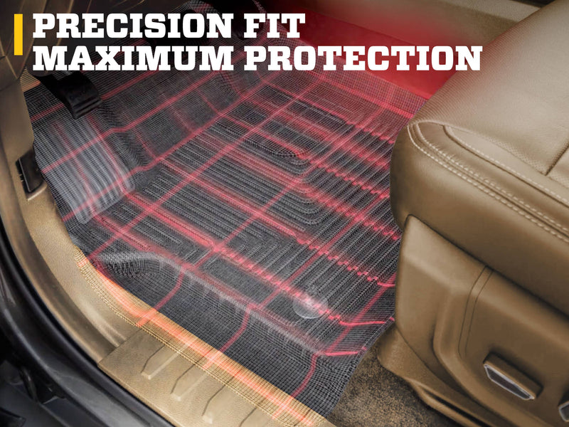 Husky Liners WeatherBeater: black floor liner in a tan-interior footwell with red laser-scan grid overlay