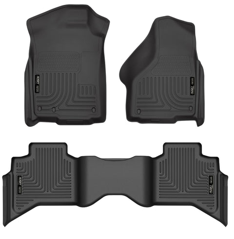 Husky Liners WeatherBeater: black front driver and passenger floor liners with a one-piece second-row liner, on a white background