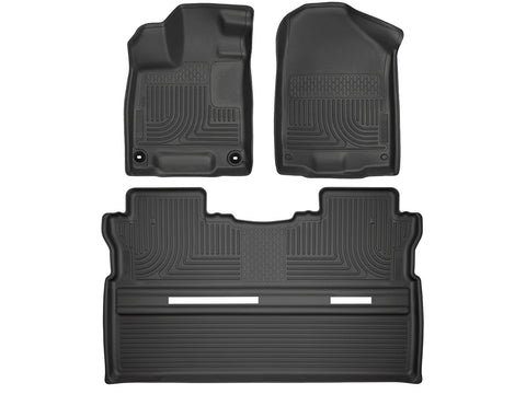 Husky Liners WeatherBeater: black molded front floor liner pair plus one-piece 2nd-row liner on a white background, viewed from above