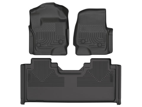 Husky Liners WeatherBeater: black molded front floor liner pair plus one-piece 2nd-row liner on a white background, viewed from above