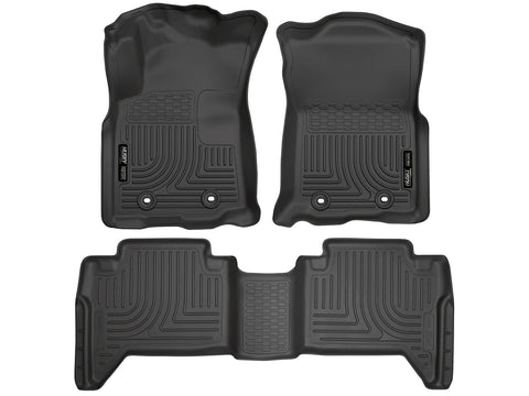 Husky Liners WeatherBeater: black molded front floor liner pair plus one-piece 2nd-row liner on a white background, viewed from above