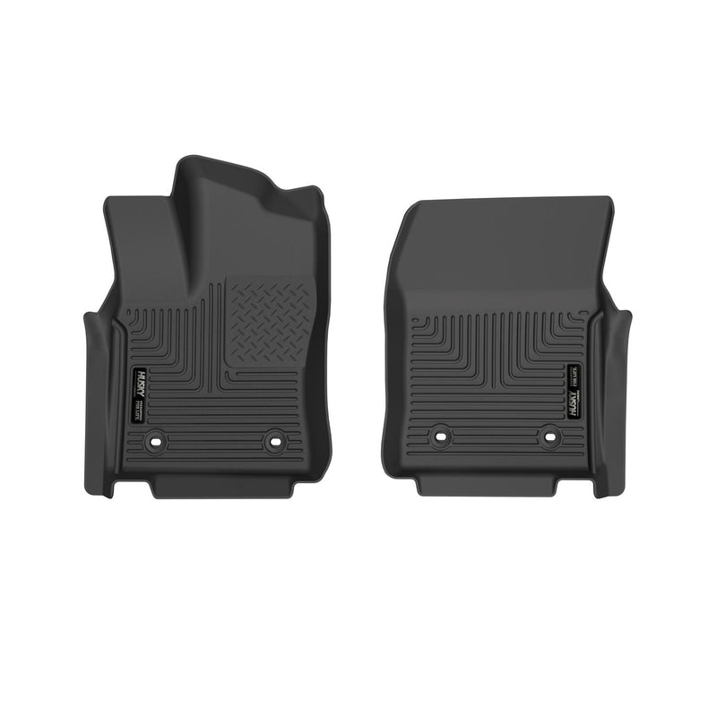 Husky Liners WeatherBeater: black molded front floor liner pair, driver and passenger sides, with raised channel pattern on a white background