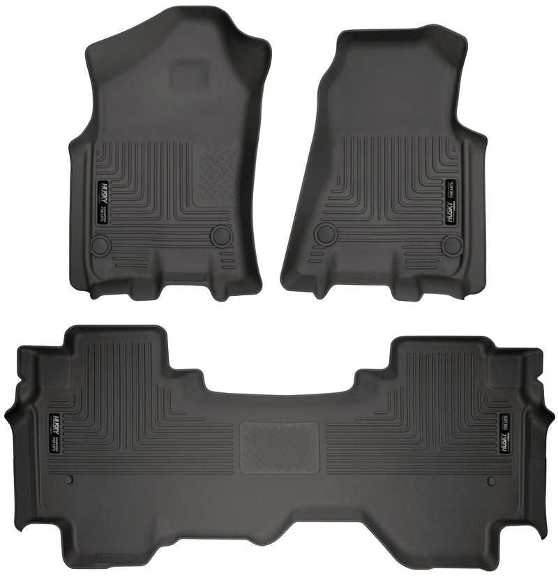 Husky Liners WeatherBeater: black molded front floor liner pair plus one-piece 2nd-row liner on a white background, viewed from above