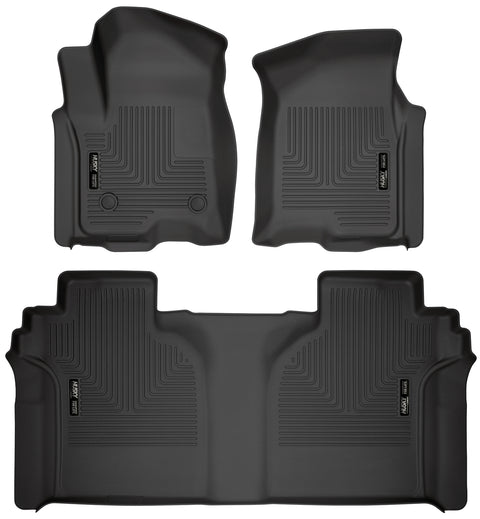 Husky Liners WeatherBeater: black molded front floor liner pair plus one-piece 2nd-row liner on a white background, viewed from above