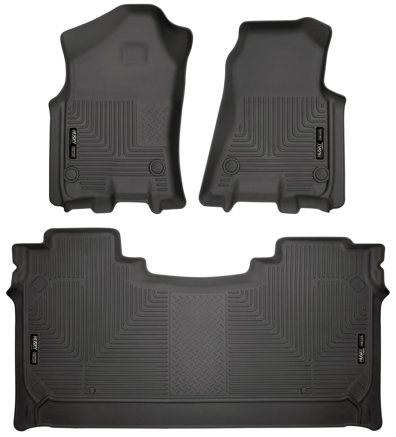 Husky Liners WeatherBeater: black molded front floor liner pair plus one-piece 2nd-row liner on a white background, viewed from above