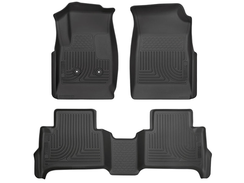 Husky Liners WeatherBeater: black molded front floor liner pair plus one-piece 2nd-row liner on a white background, viewed from above