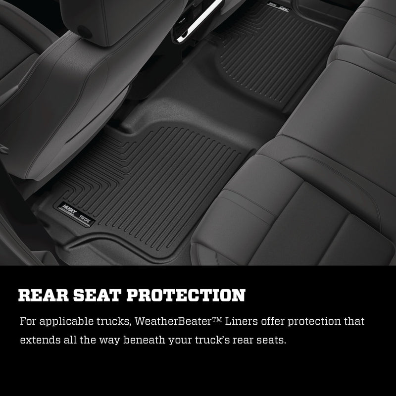 Husky Liners WeatherBeater: black rear-seat floor liner installed in a dark truck cab, with a black caption panel below