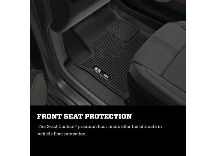 Husky Liners X-act Contour: black floor liner installed in a front footwell beside a gray seat, caption panel below